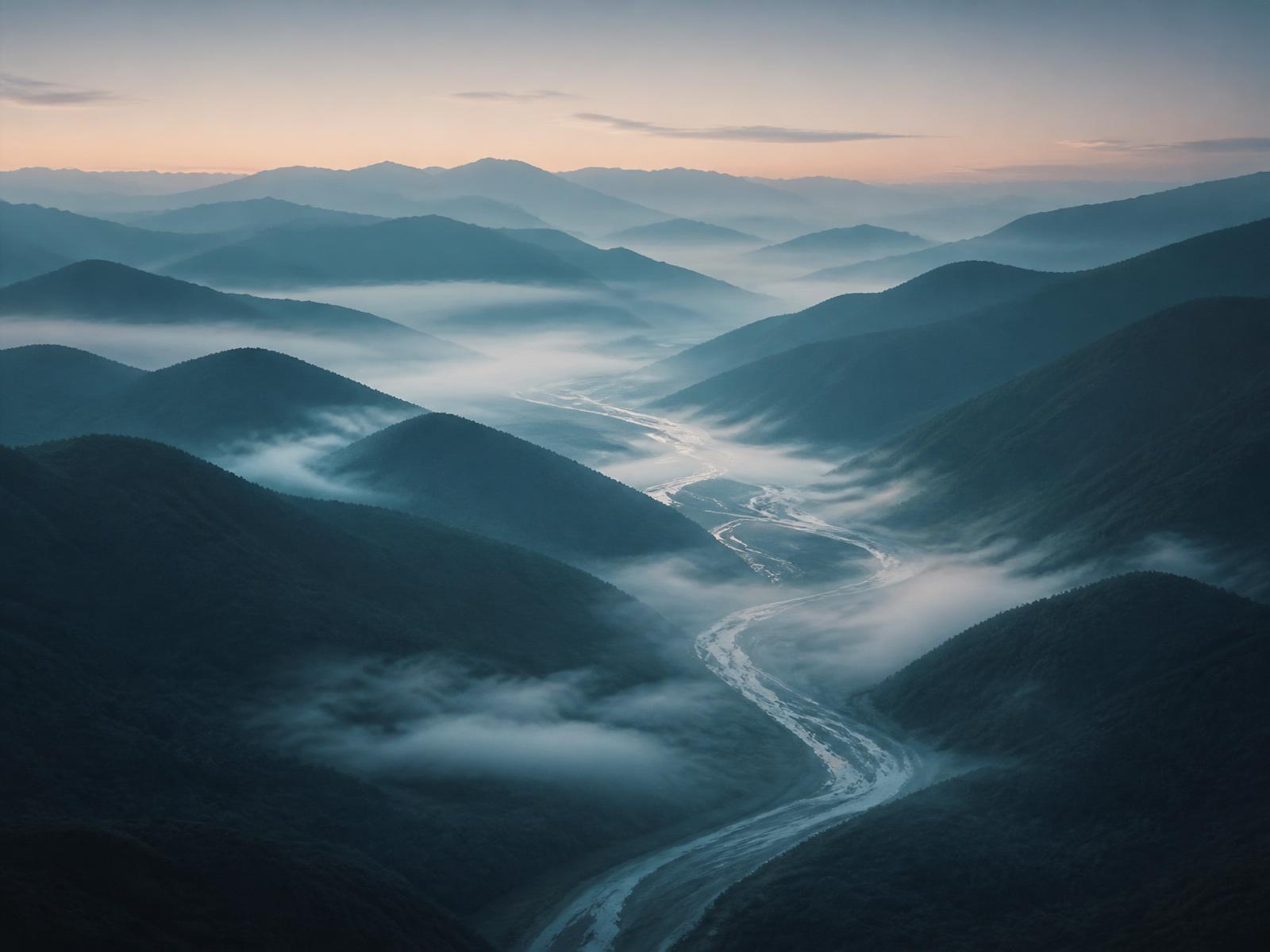 Aerial view over misty valleys and layered mountain ridges at dawn